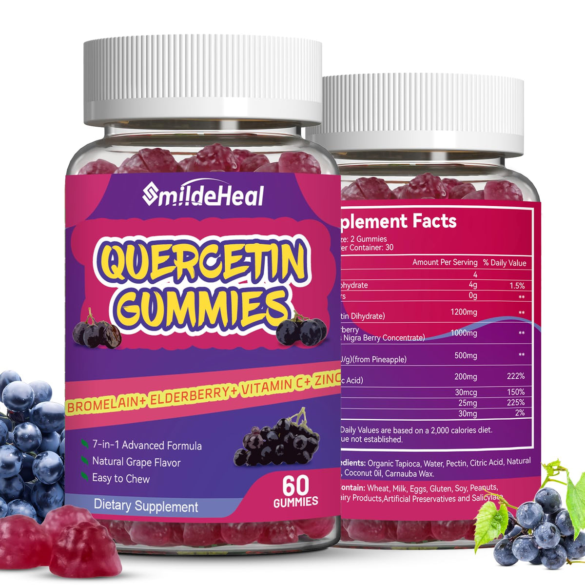 SmildeHeal 2 Pack Quercetin Gummies 1200MG β Vegan Immune Support