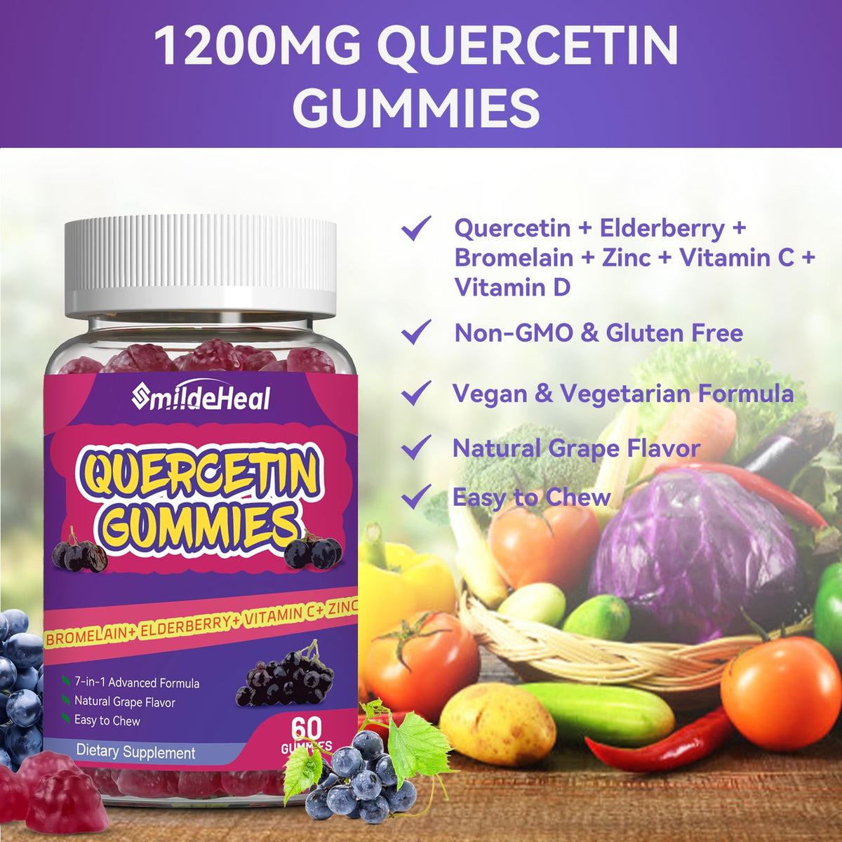 SmildeHeal Quercetin Gummies 1200MG – Vegan, Bromelain & Vitamin C | 60 Gummies