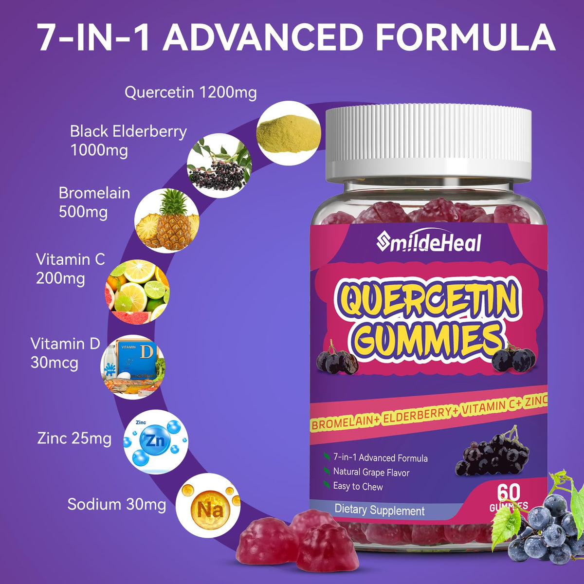 SmildeHeal 2 Pack Quercetin Gummies 1200MG β Vegan Immune Support
