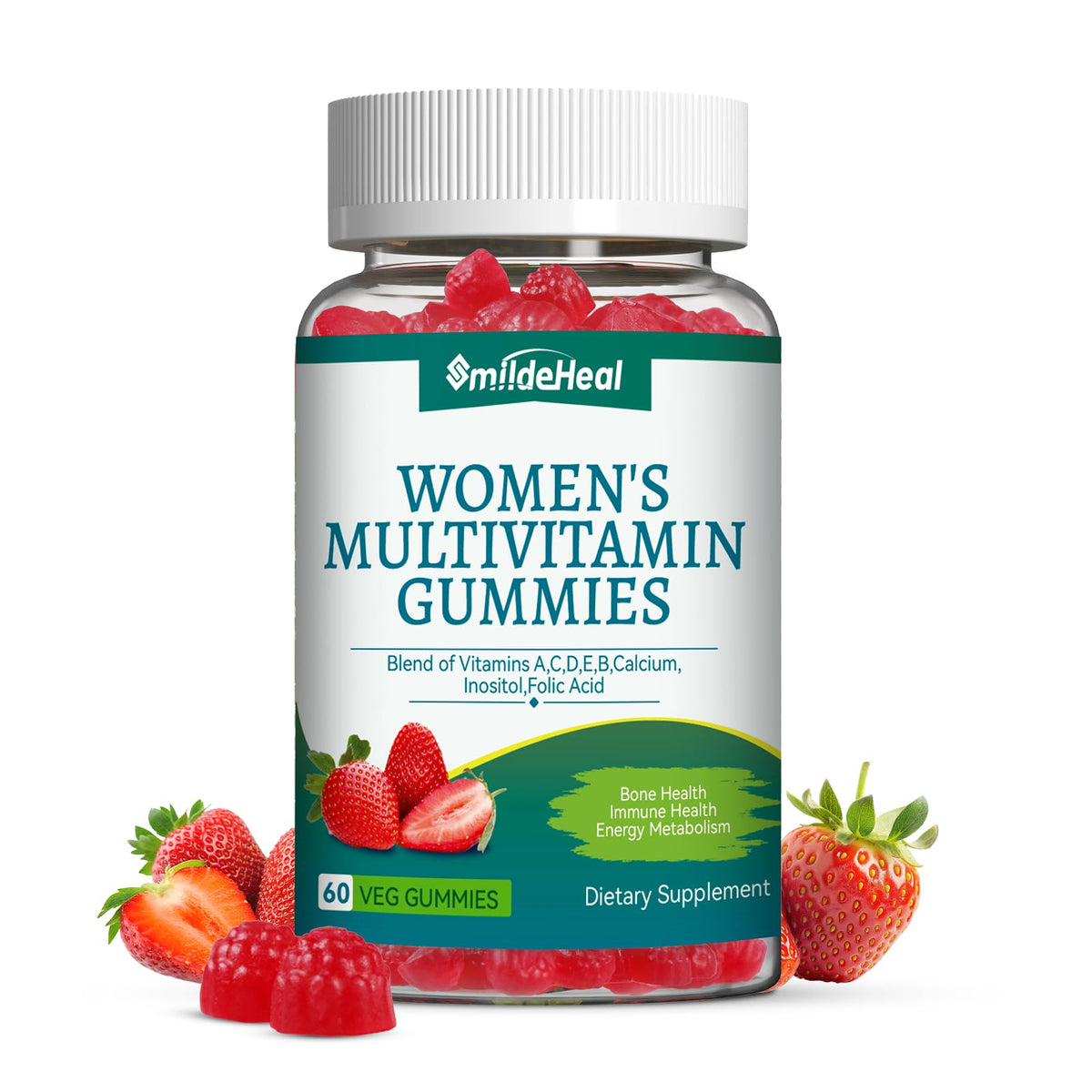 SmildeHeal Women's Multivitamin Gummies, Vitamins A, C, D3, E, K, B12, Calcium, Biotin, Folic Acid, Inositol, Multivitamin for Women for Daily Nutritional Support, 30 Day Supply - 60 Count