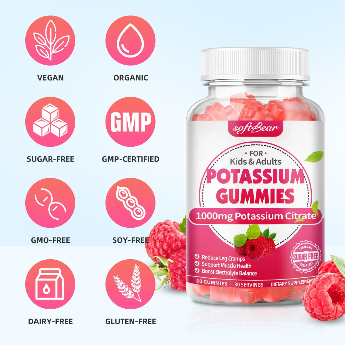softbear Potassium Citrate 1000mg Gummies – Suagr Free Potassium Gummies for Muscle Support & Electrolyte Balance – Potassium Supplement for Women & Adults, Vegan, Raspberry Flavor (60 Count)
