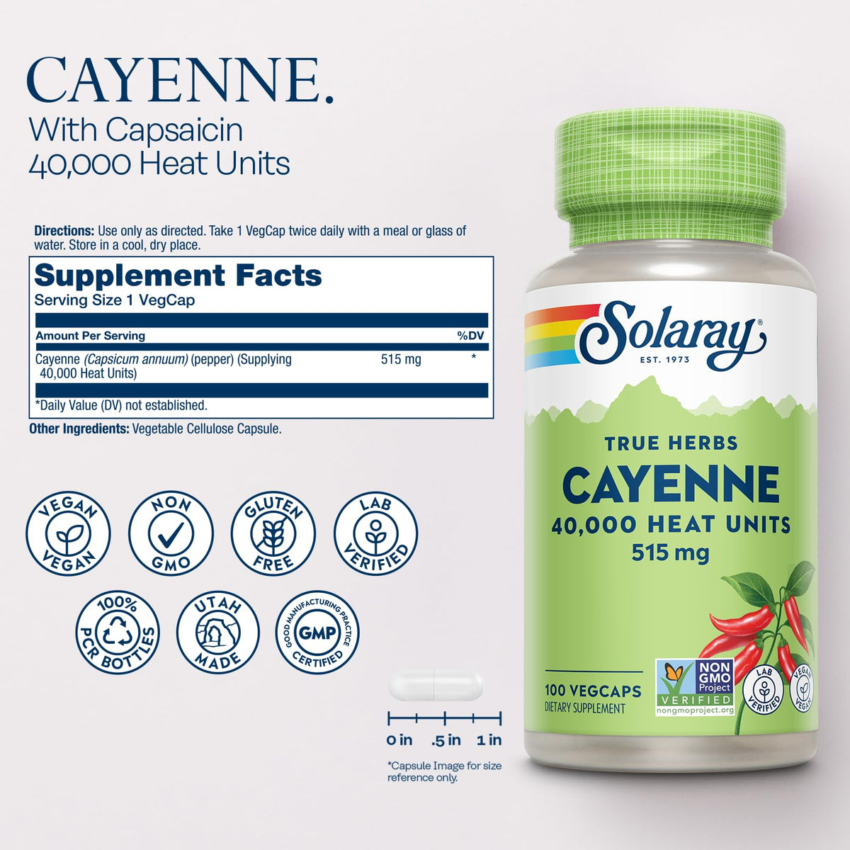 SOLARAY Cayenne Pepper Capsules with Capsaicin – 40,000 SHU per VegCap | Vegan, Non-GMO, Gluten-Free