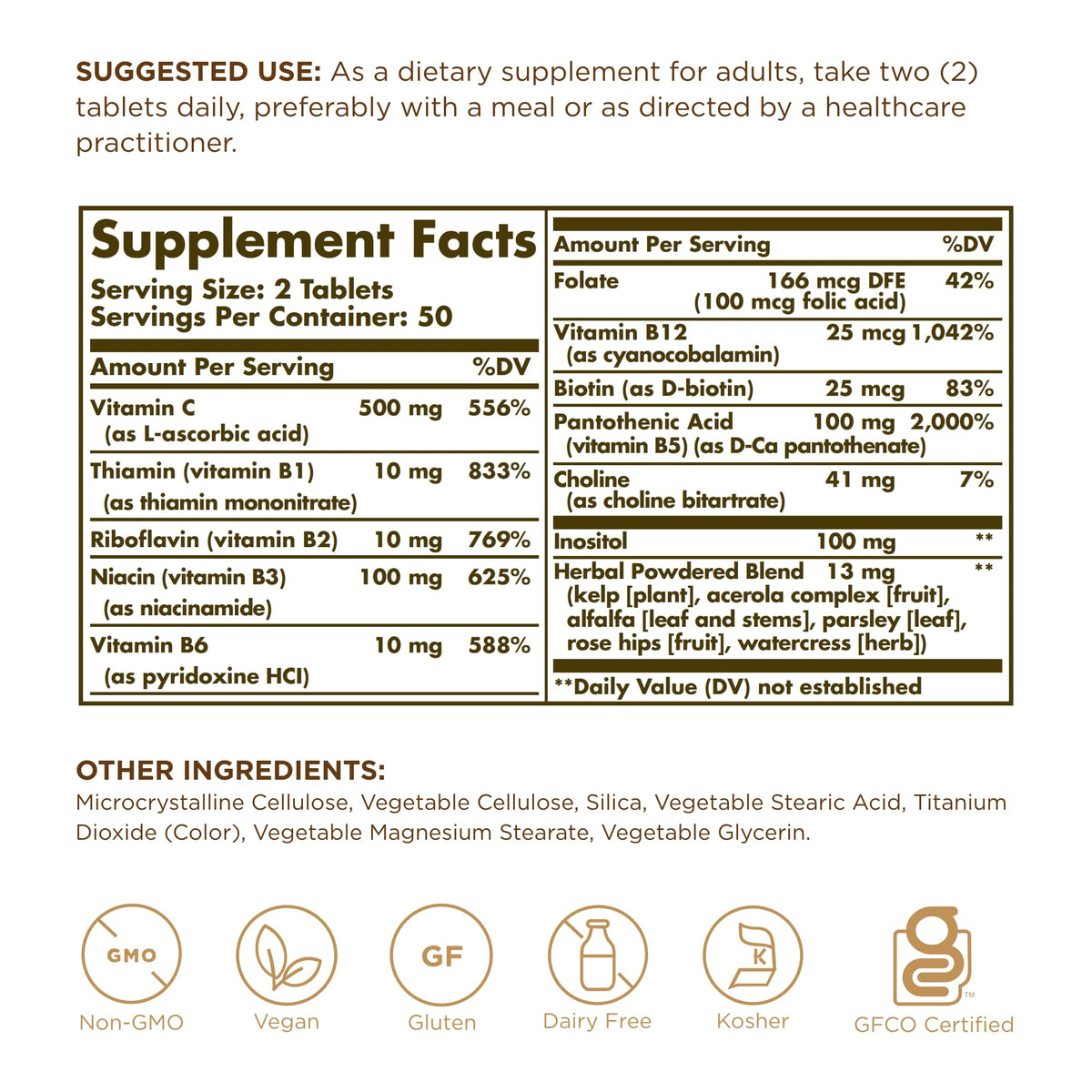 Solgar B-Complex with Vitamin C - 100 Tablets (Pack of 2) | Non-GMO, Vegan, Kosher & Gluten Free
