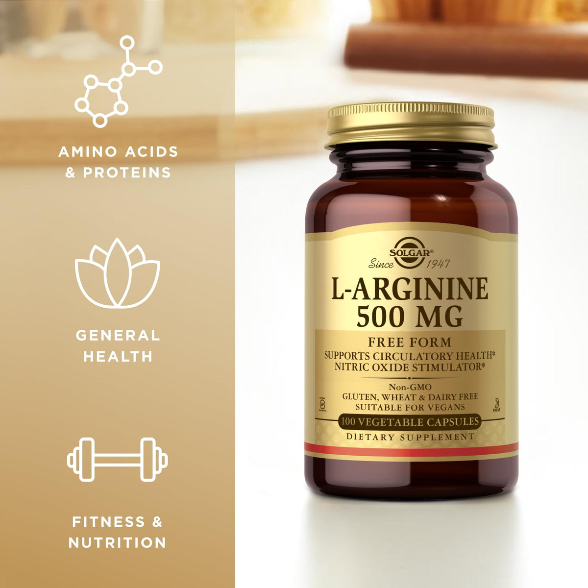 Solgar L-Arginine 500 mg β 100 Veg Capsules | Nitric Oxide Support