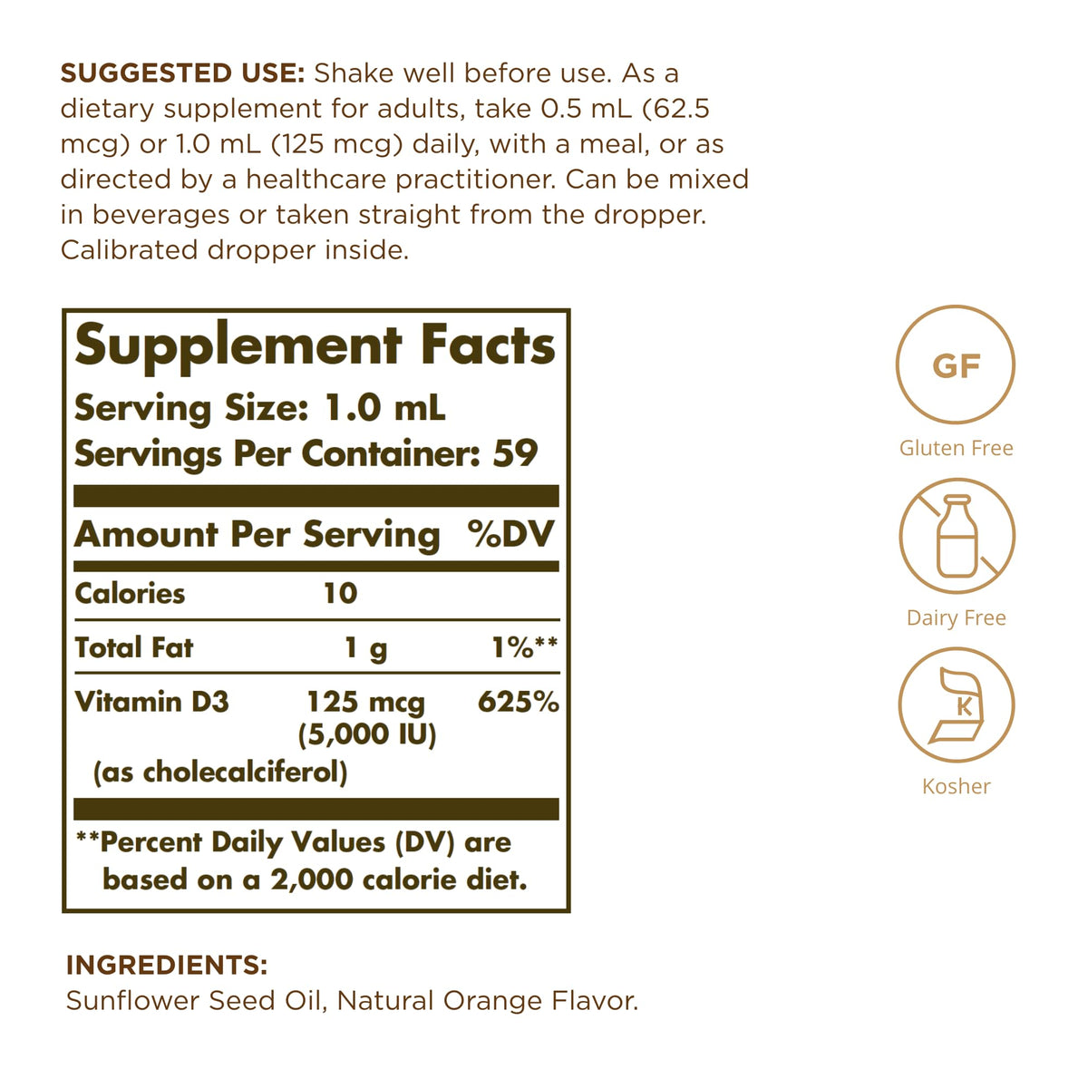 Solgar Liquid Vitamin D3 125 mcg (5,000 IU) - 2 fl oz - Delicious, Natural Orange Flavor - Helps Maintain Healthy Bones & Teeth - Immune System Support - Gluten Free, Dairy Free, Kosher - 59 Servings