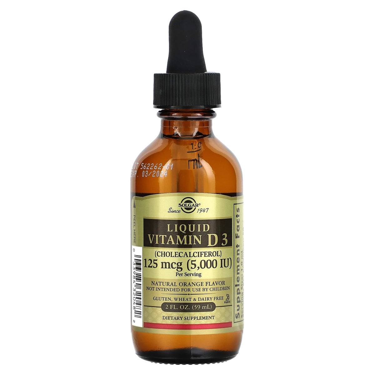 Solgar Liquid Vitamin D3 125 mcg (5,000 IU) β Orange Flavor, 59 Servings | Gluten Free, Dairy Free, Kosher