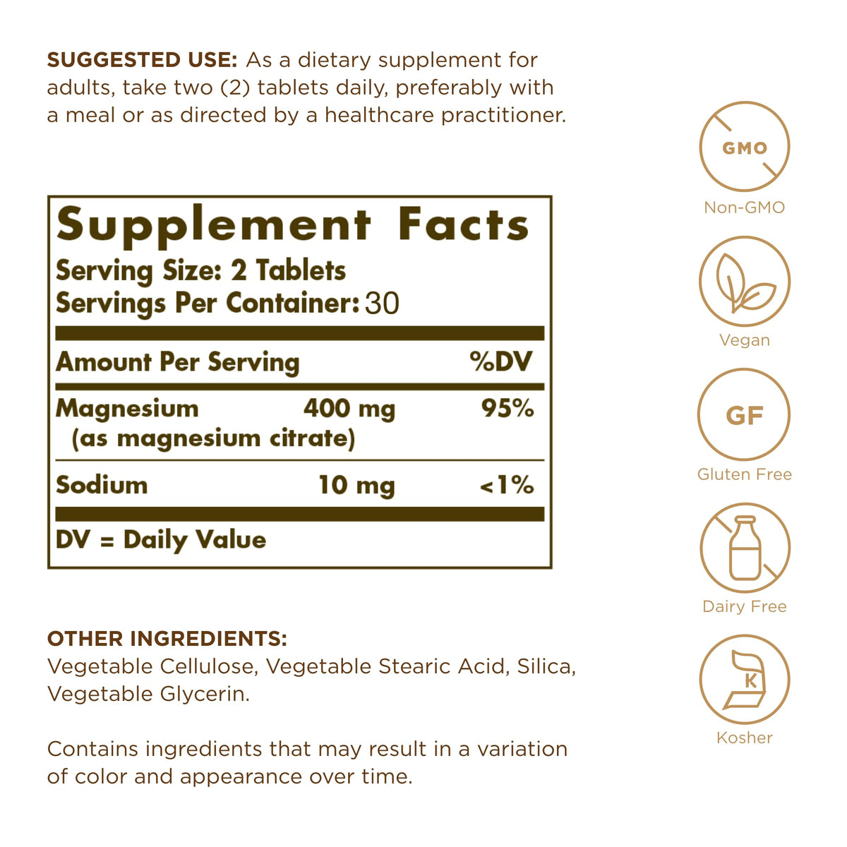 Solgar Magnesium Citrate 60 Tablets β Highly Absorbable, Supports Nerve, Muscle & Bone Health | Non-GMO, Vegan, Gluten Free, Kosher