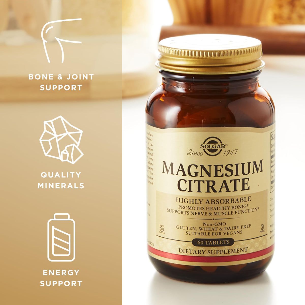 Solgar Magnesium Citrate 60 Tablets β Highly Absorbable, Supports Nerve, Muscle & Bone Health | Non-GMO, Vegan, Gluten Free, Kosher