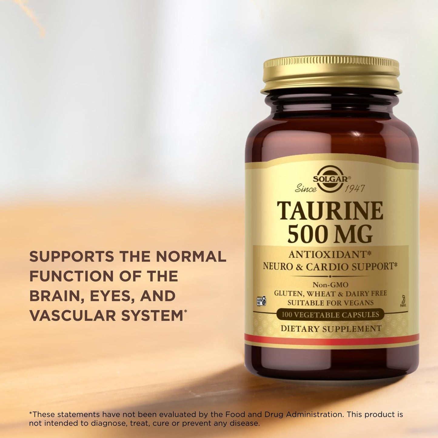 Solgar Taurine 500 mg – 100 Veg Capsules | Antioxidant, Brain Health, Amino Acid | Vegan, Gluten Free, Dairy Free, Kosher
