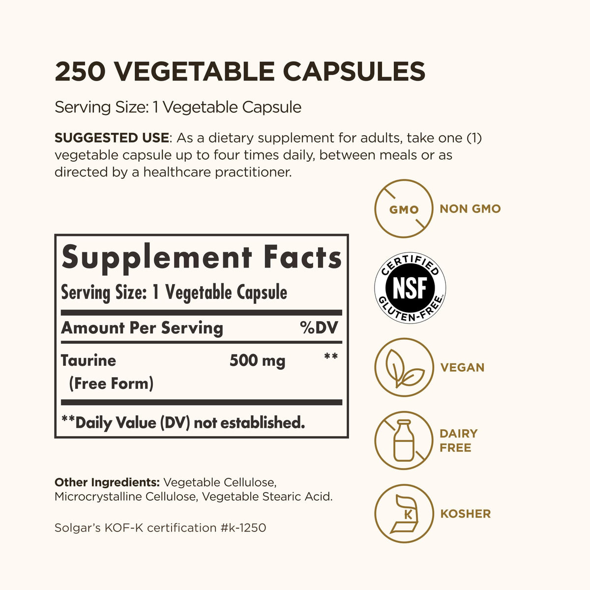 Solgar Taurine 500 mg β 250 Vegetarian Capsules | Antioxidant & Brain Health