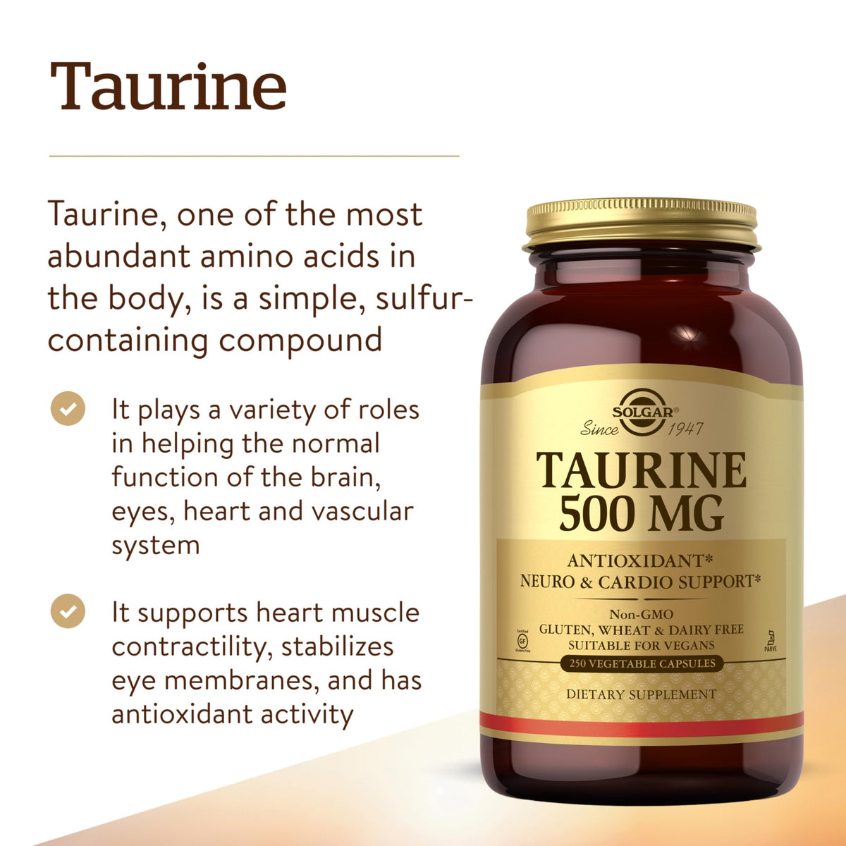 Solgar Taurine 500 mg β 250 Vegetarian Capsules | Antioxidant & Brain Health