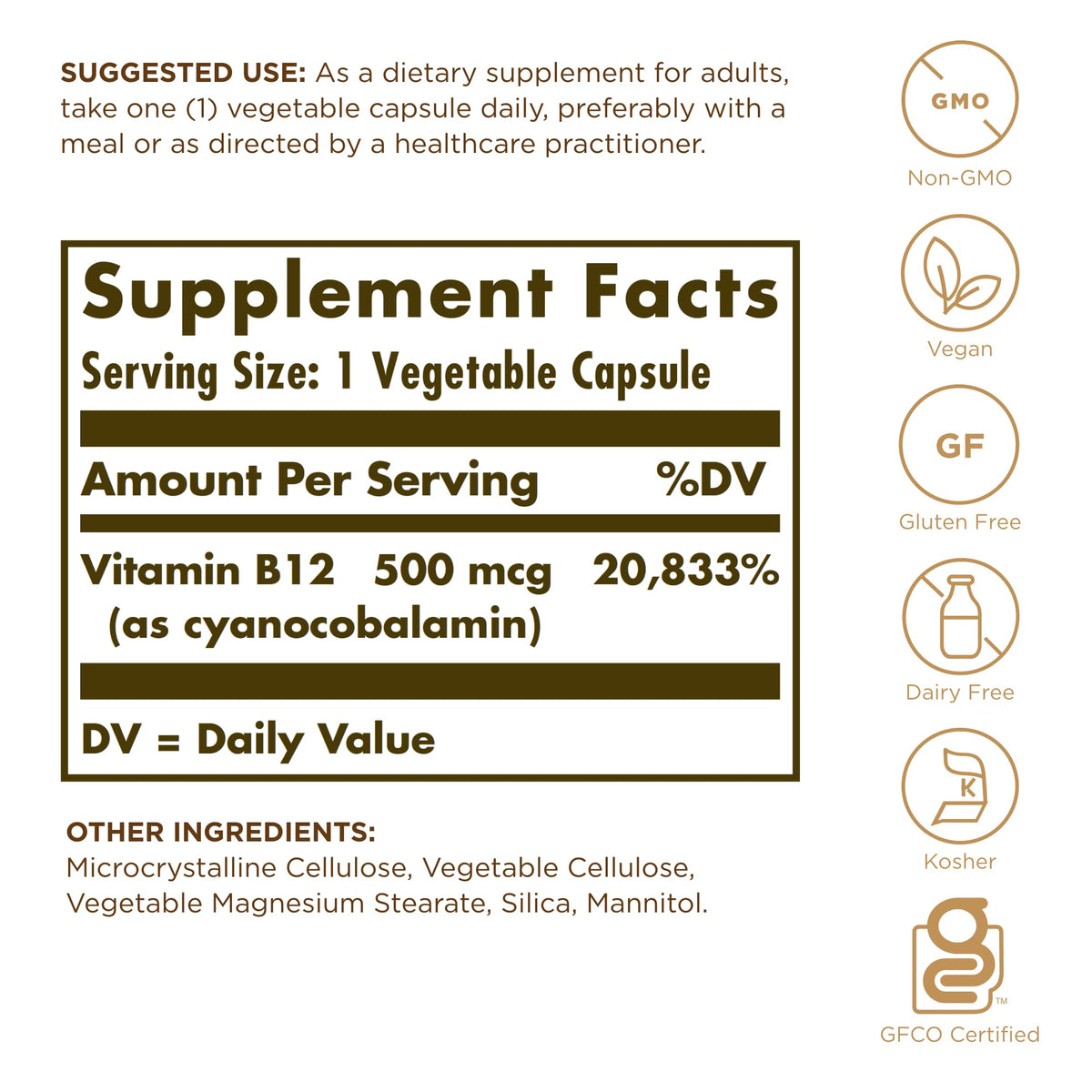 Solgar Vitamin B12 500 mcg β 100 Vegetarian Capsules | Energy Metabolism & Nervous System Support | Non-GMO, Vegan, Gluten & Dairy Free | 100 Servings