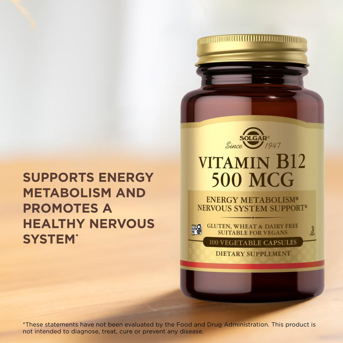 Solgar Vitamin B12 500 mcg β 100 Vegetarian Capsules | Energy Metabolism & Nervous System Support | Non-GMO, Vegan, Gluten & Dairy Free | 100 Servings