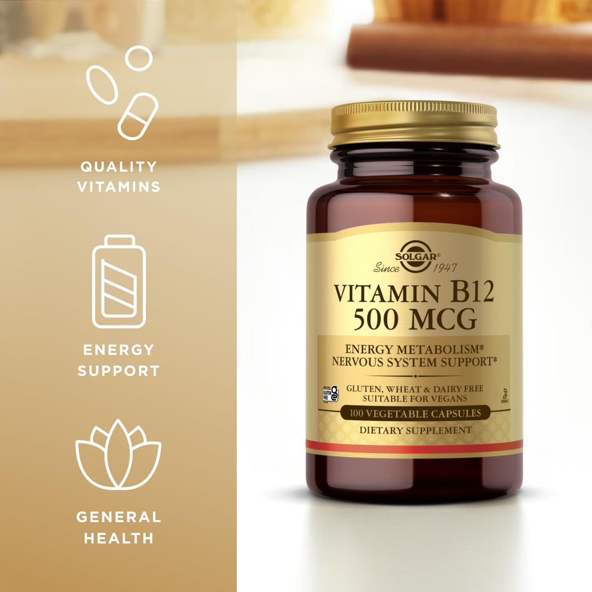Solgar Vitamin B12 500 mcg β 100 Vegetarian Capsules | Energy Metabolism & Nervous System Support | Non-GMO, Vegan, Gluten & Dairy Free | 100 Servings