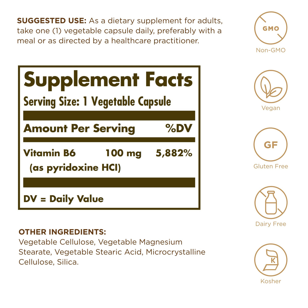 Solgar Vitamin B6 100 mg β 100 Veg Capsules | Non-GMO, Vegan, Gluten Free | 100 Servings