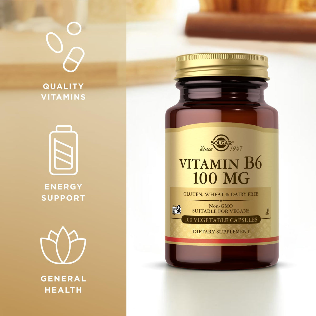 Solgar Vitamin B6 100 mg β 100 Veg Capsules | Non-GMO, Vegan, Gluten Free | 100 Servings