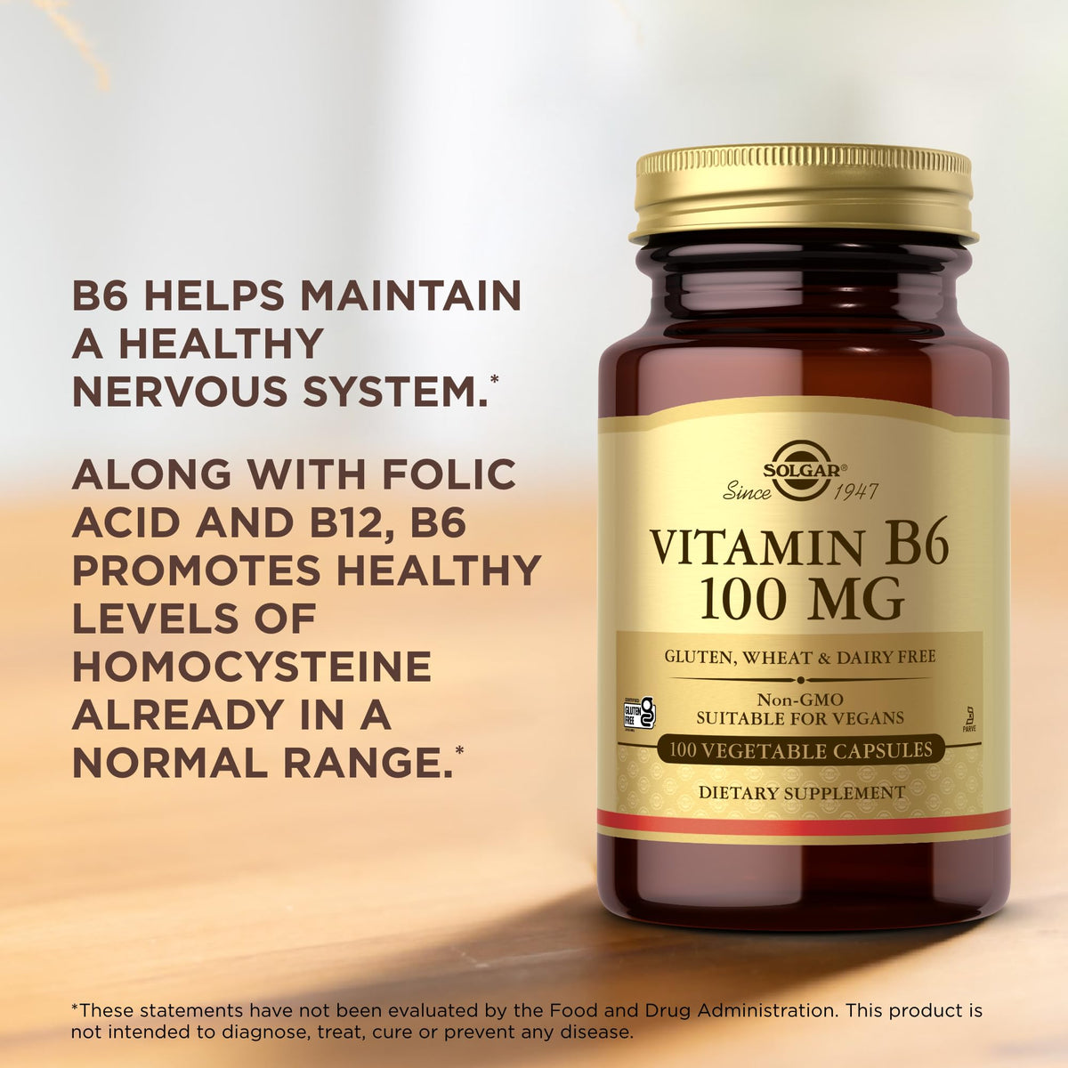 Solgar Vitamin B6 100 mg β 100 Veg Capsules | Non-GMO, Vegan, Gluten Free | 100 Servings