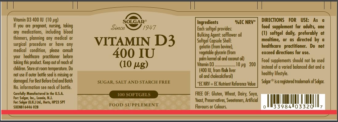 Solgar Vitamin D3 (Cholecalciferol) 10 mcg (400 IU) Softgels β 100 Servings | Supports Bones, Teeth & Immune Health