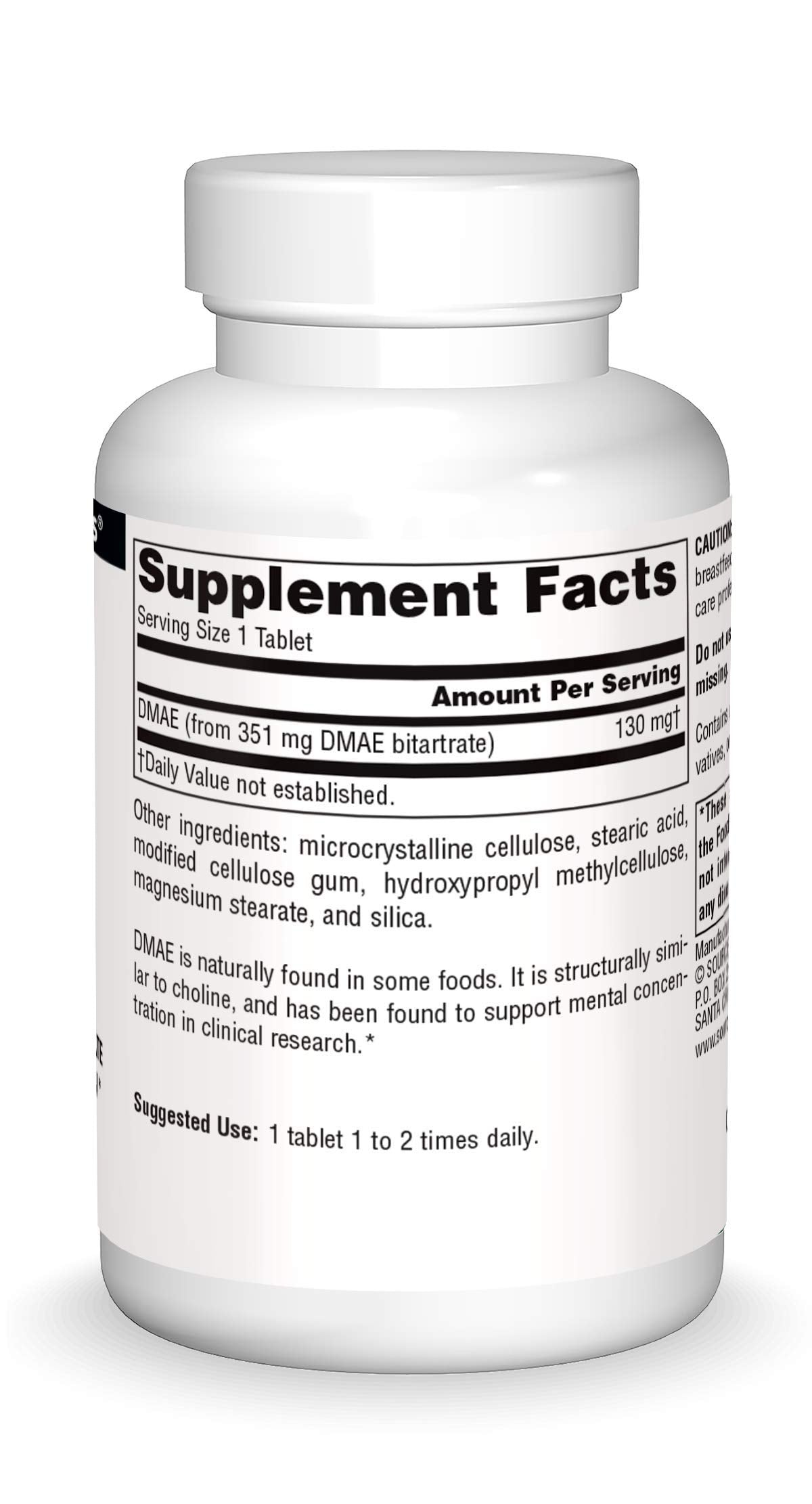 Source Naturals DMAE, Dimethylaminoethanol Bitartrate - Supports Mental Concentration - 100 Tablets