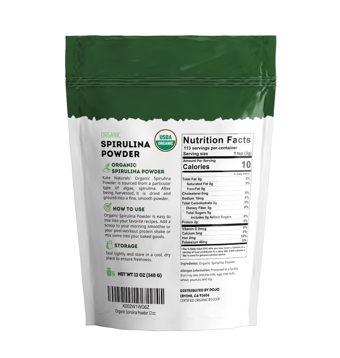 Kate Naturals Organic Spirulina Powder - 12 oz, USDA Organic & Non-GMO