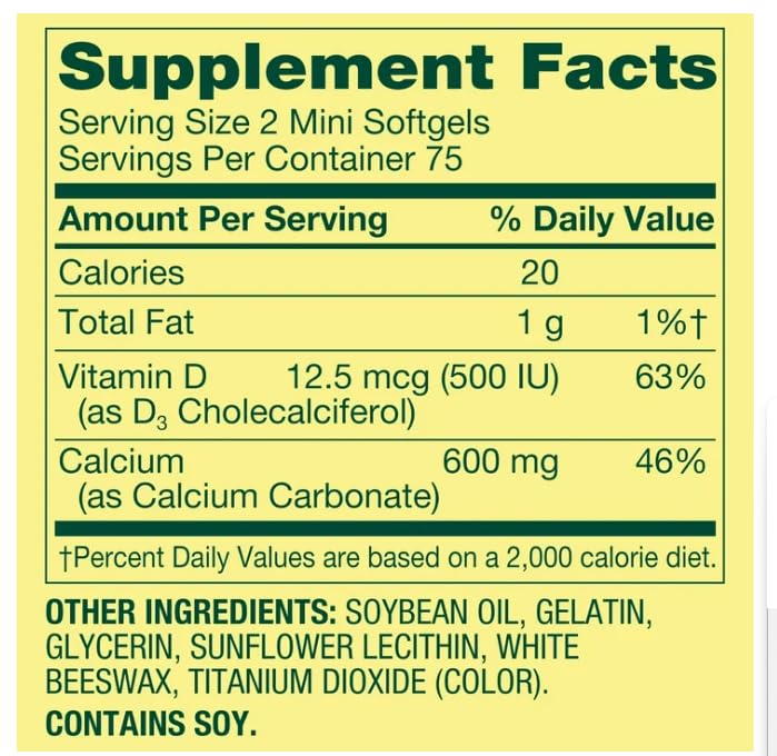 Spring Valley Calcium 600mg + Vitamin D3 β 150 Mini Softgels, Bone & Teeth Support, Gluten-Free