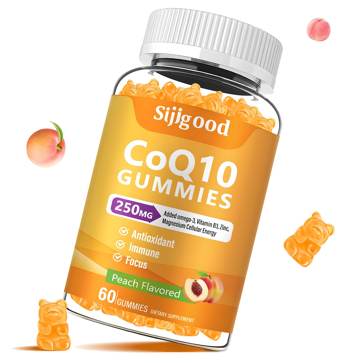 Sugar Free CoQ10 Gummies with Omega-3, Vitamin B3, Zinc & Magnesium β 5X Absorption, Peach Flavor (60 count)