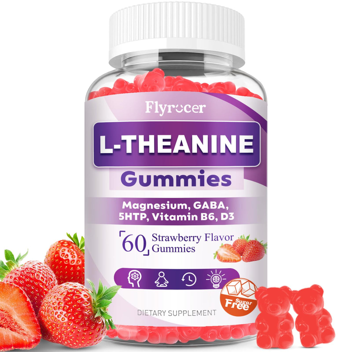 Sugar Free L-Theanine Gummies β 400mg (Ashwagandha, Magnesium, 5-HTP & GABA) β Vegan Strawberry | 60 Count