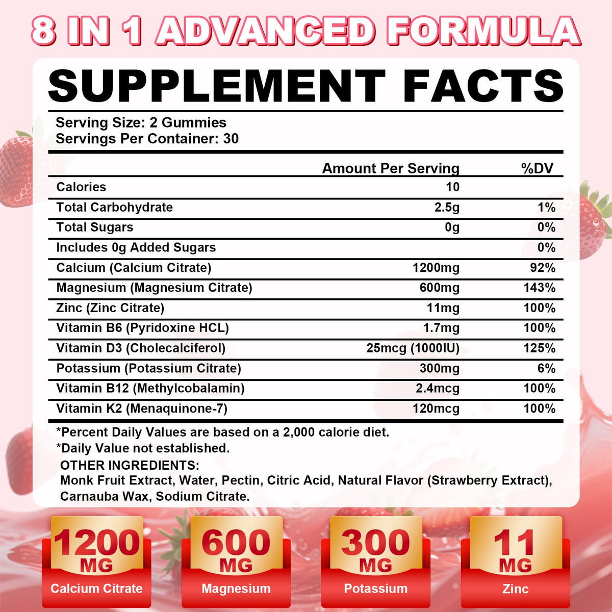 1200mg Calcium Citrate Gummies β Sugar-Free Strawberry | Bone, Teeth & Muscle Support (60 Count)