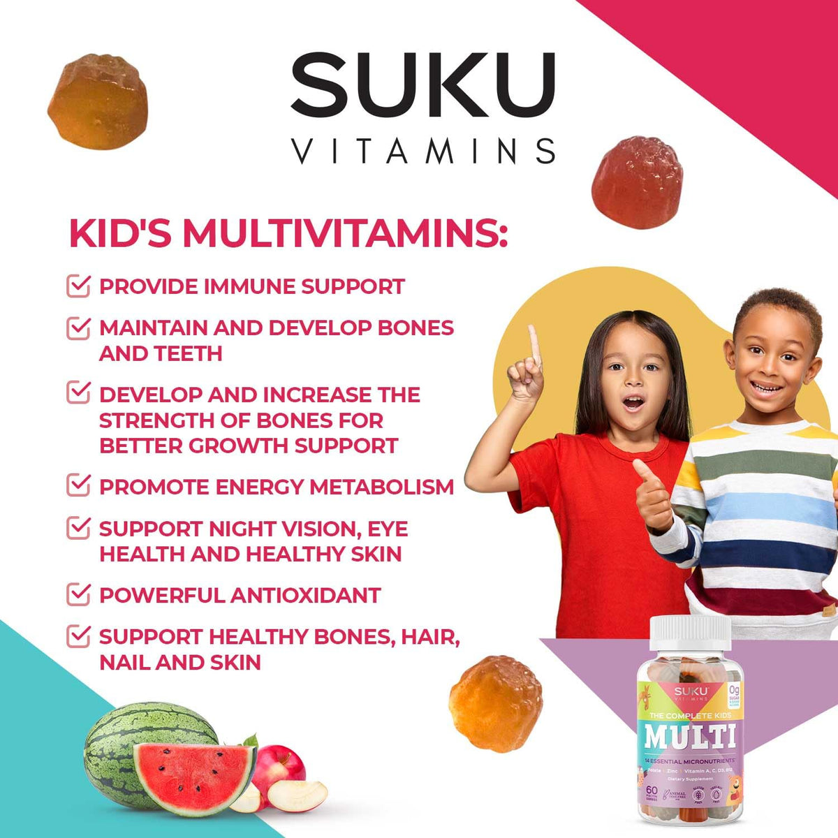 SUKU Complete Kids Multivitamin Gummies | Immune Support, 0g Sugar, Gluten-Free, Non-GMO | Tropical Bonanza Flavor β 60 Count
