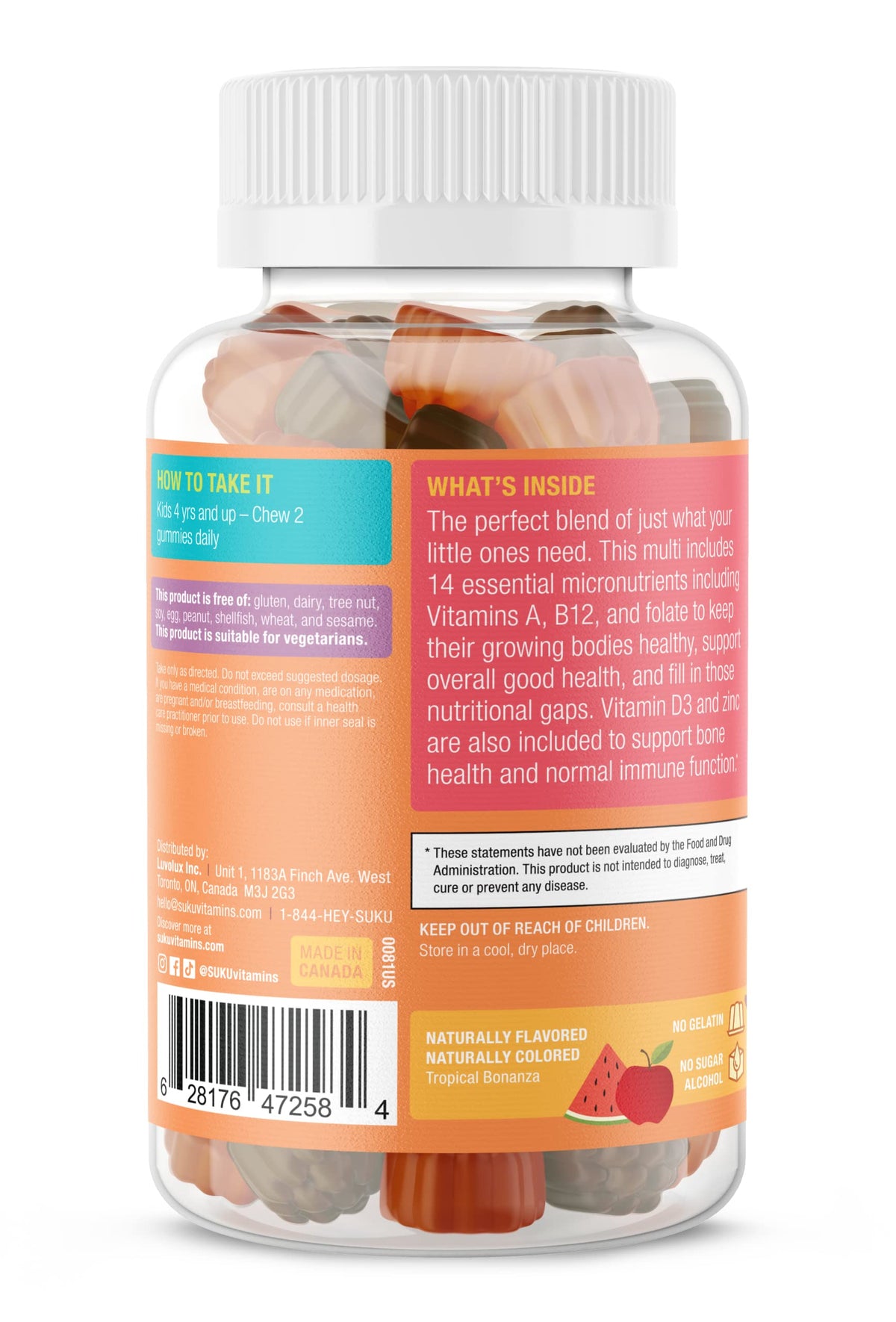 SUKU Complete Kids Multivitamin Gummies | Immune Support, 0g Sugar, Gluten-Free, Non-GMO | Tropical Bonanza Flavor β 60 Count