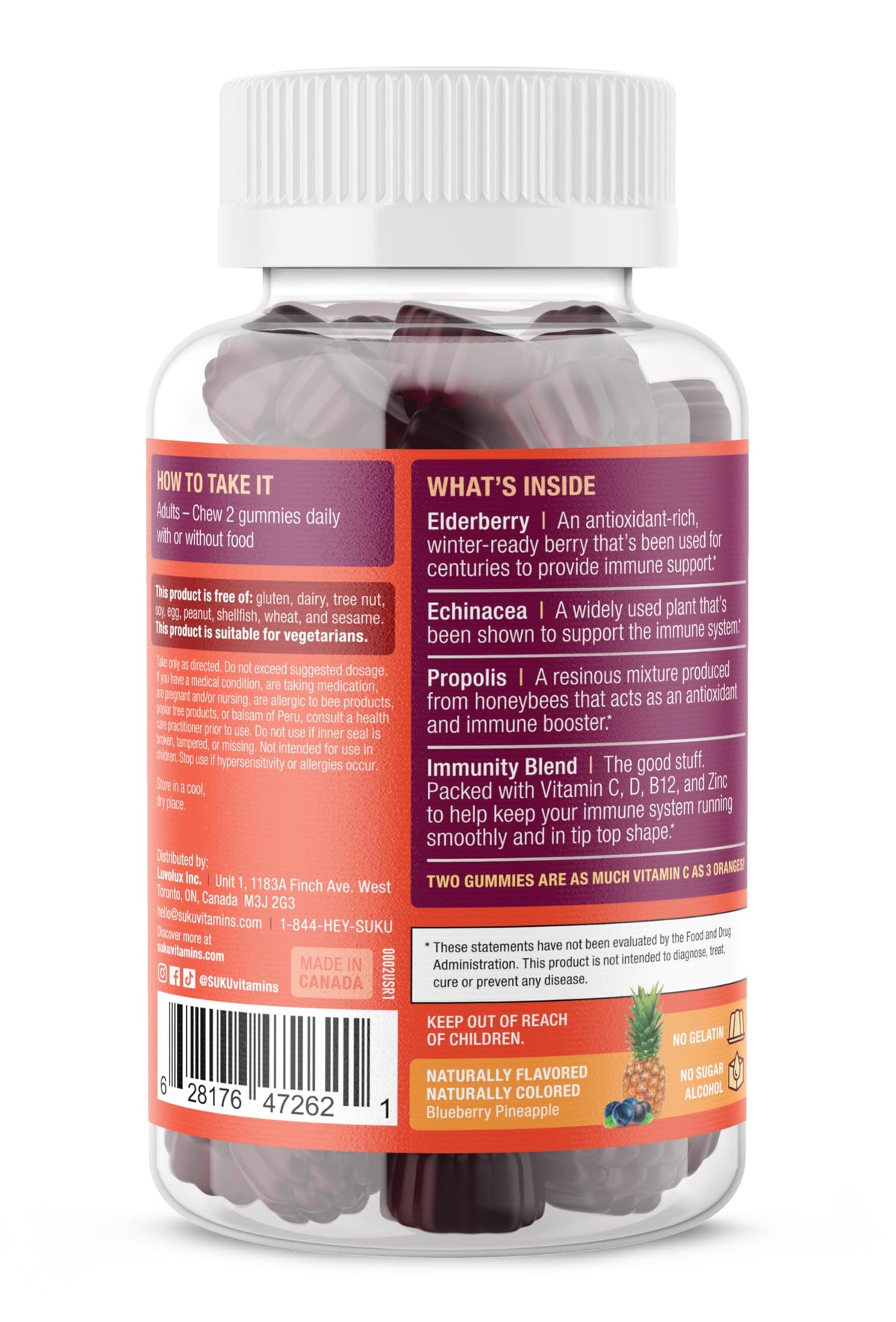 SUKU Vitamins Ultimate Immunity Gummies β Elderberry, Echinacea & Propolis, Pomegranate Lime, Non-GMO, Gluten Free, 50 Count