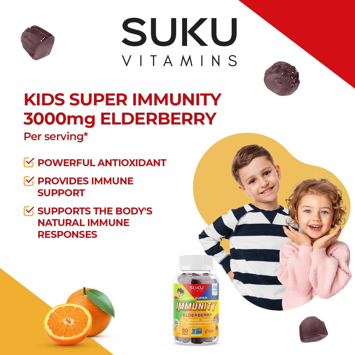 SUKU Vitamins Caramelle Gommose Difese Immunitarie Bambini – Sambuco, Echinacea e Zinco