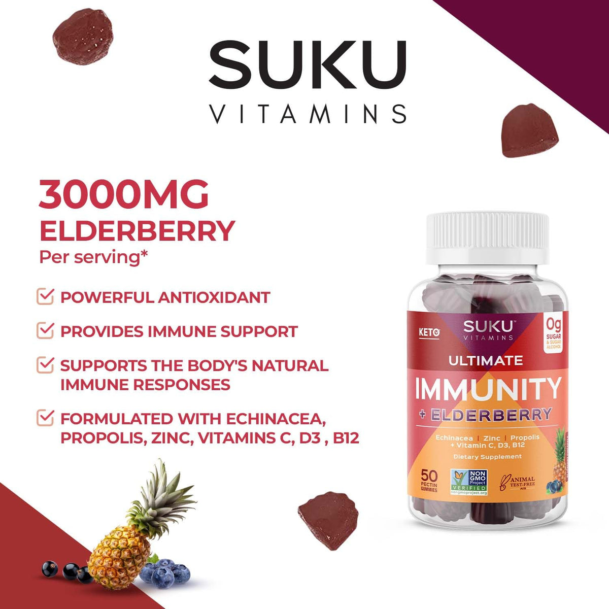 SUKU Vitamins Ultimate Immunity Gummies β Elderberry, Echinacea & Propolis, Pomegranate Lime, Non-GMO, Gluten Free, 50 Count