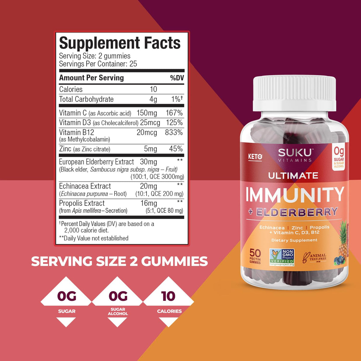 SUKU Vitamins Ultimate Immunity Gummies β Elderberry, Echinacea & Propolis, Pomegranate Lime, Non-GMO, Gluten Free, 50 Count
