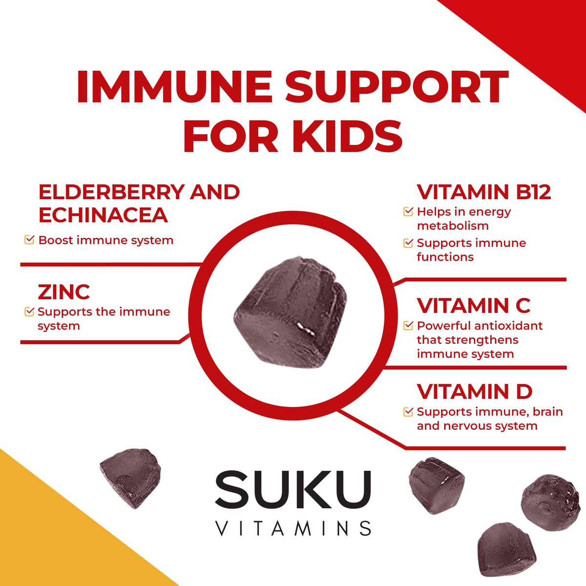 SUKU Vitamins Caramelle Gommose Difese Immunitarie Bambini – Sambuco, Echinacea e Zinco