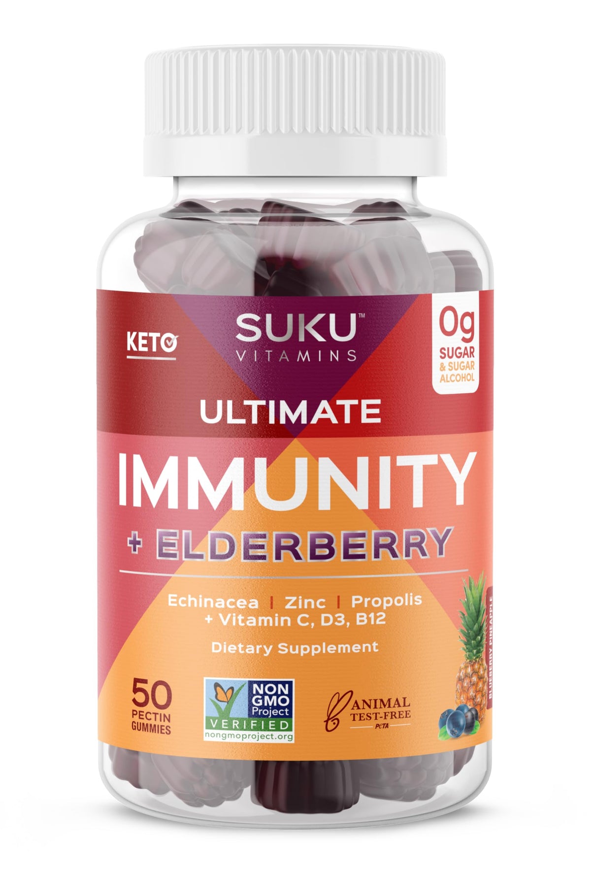SUKU Vitamins Ultimate Immunity Gummies β Elderberry, Echinacea & Propolis, Pomegranate Lime, Non-GMO, Gluten Free, 50 Count