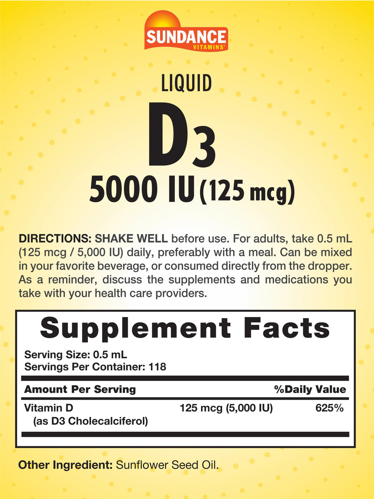 Sundance Vitamin D3 5000 IU Liquid Drops β 2 oz | Vegetarian, Non-GMO, Gluten Free