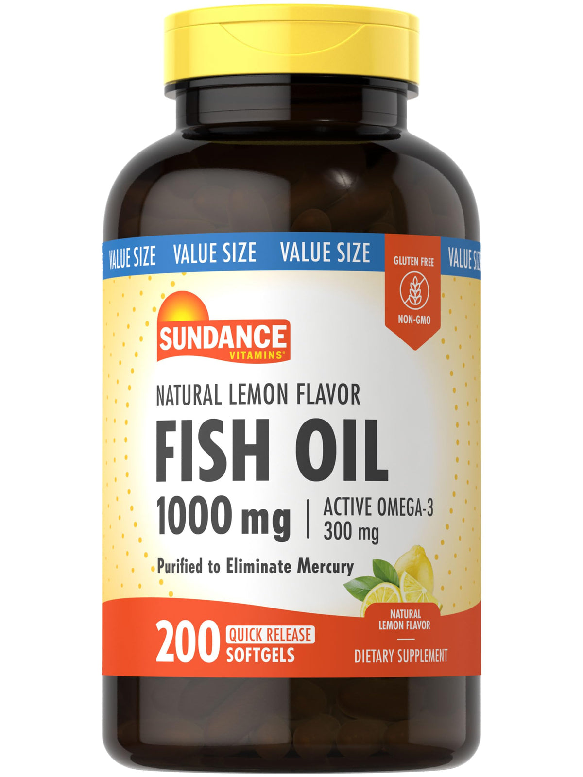 Sundance Fish Oil Softgels 1000mg with Active Omega-3 β Lemon Flavor, 200 Softgels, Non-GMO & Gluten Free