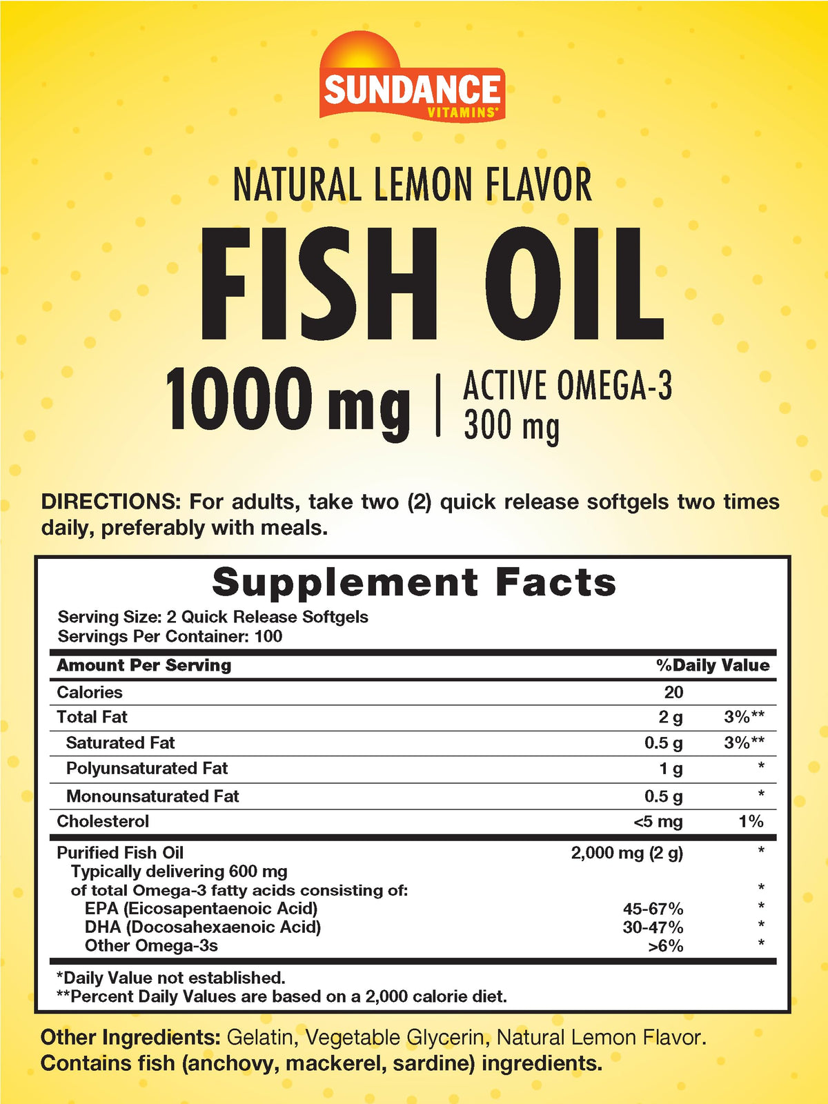 Sundance Fish Oil Softgels 1000mg with Active Omega-3 β Lemon Flavor, 200 Softgels, Non-GMO & Gluten Free