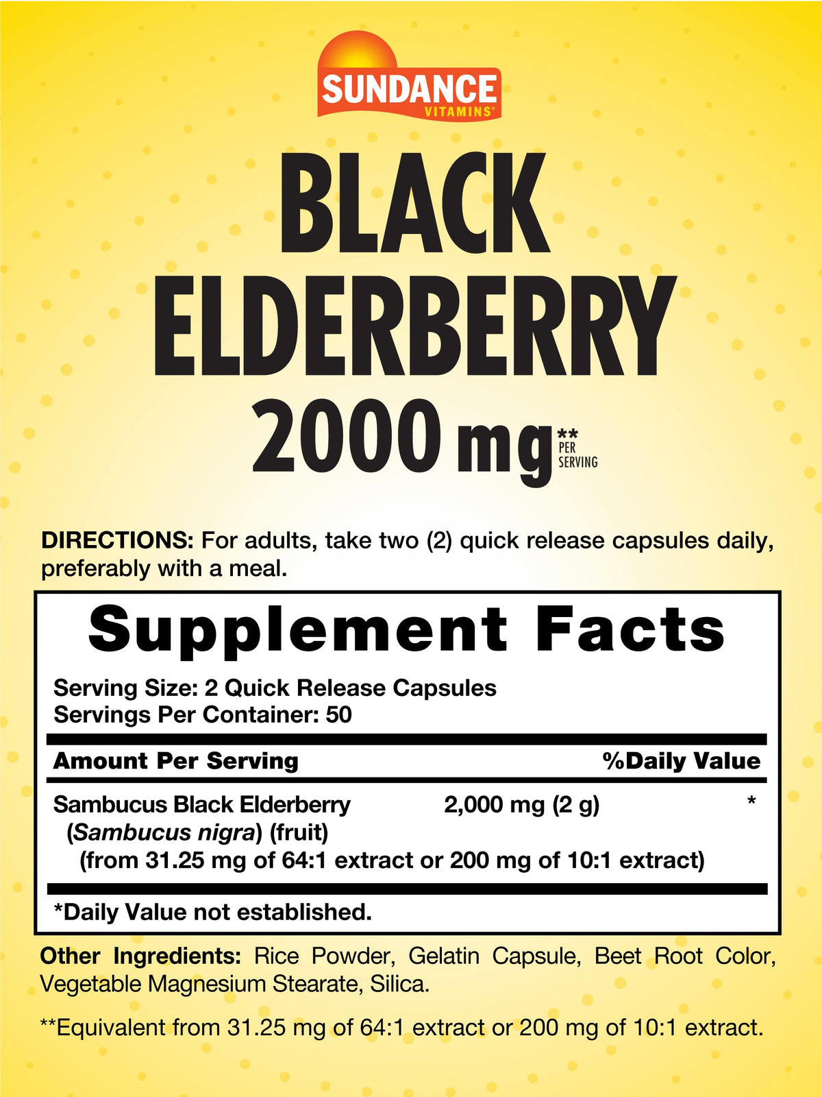 Sundance Sambucus Black Elderberry Capsules β 2000mg, 100 Count (Non-GMO, Gluten Free)