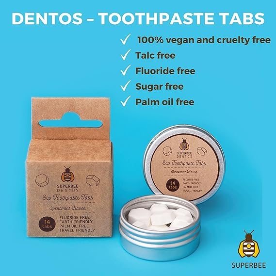 SuperBee Dentos Toothpaste Tablets β 14 Tabs, Fluoride Free, Spearmint, Eco-Friendly