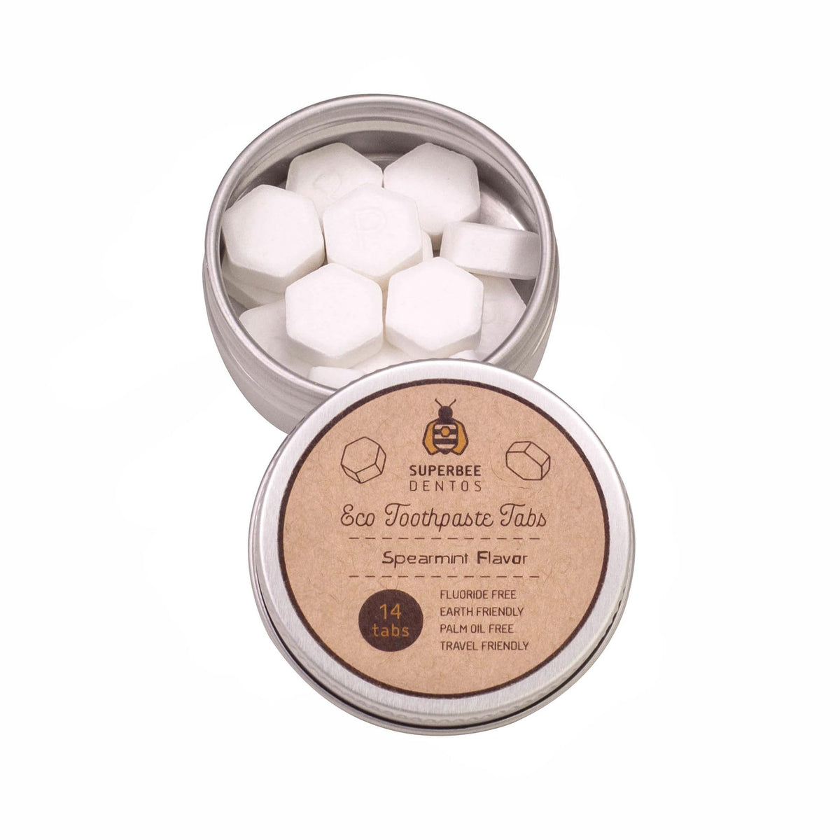 SuperBee Dentos Toothpaste Tablets β 14 Tabs, Fluoride Free, Spearmint, Eco-Friendly