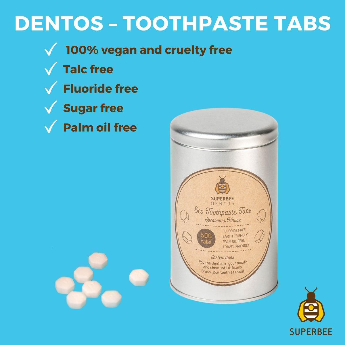 SuperBee DENTOS Toothpaste Tablets β 500 Tabs, Fluoride Free & Eco Friendly, Spearmint