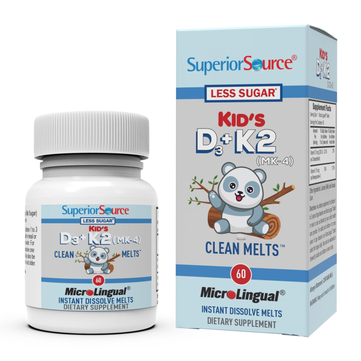 Superior Source D3 & K2 (MK-4) Multivitaminico per Bambini | Supporto Immunitario e Osseo | 60 Compresse MicroLingual | Non-OGM