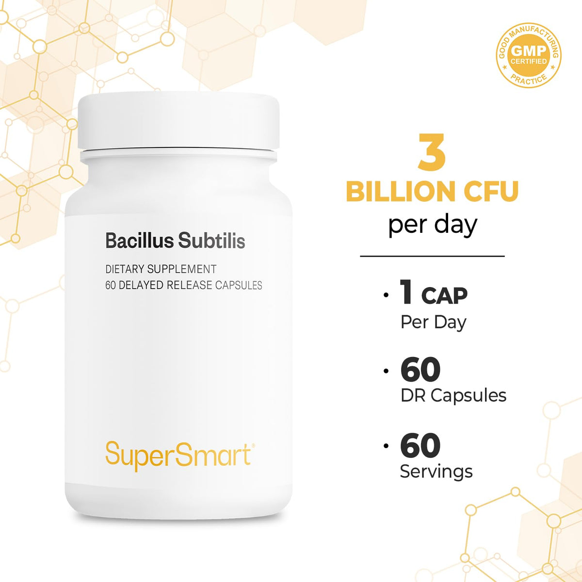 Supersmart Bacillus Subtilis Probiotic 3B CFU/Day – Non-GMO & Gluten Free | 60 Veg Capsules