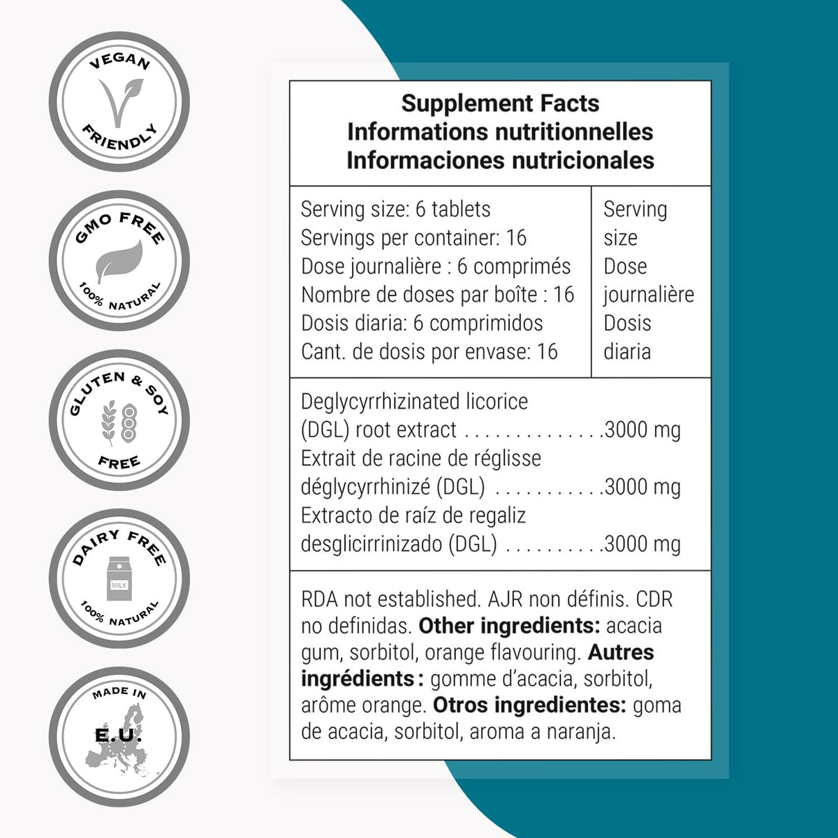 Supersmart DGL 3000mg Daily β Deglycyrrhizinated Licorice (DGL), Orange Flavor, 100 Chewable Tablets