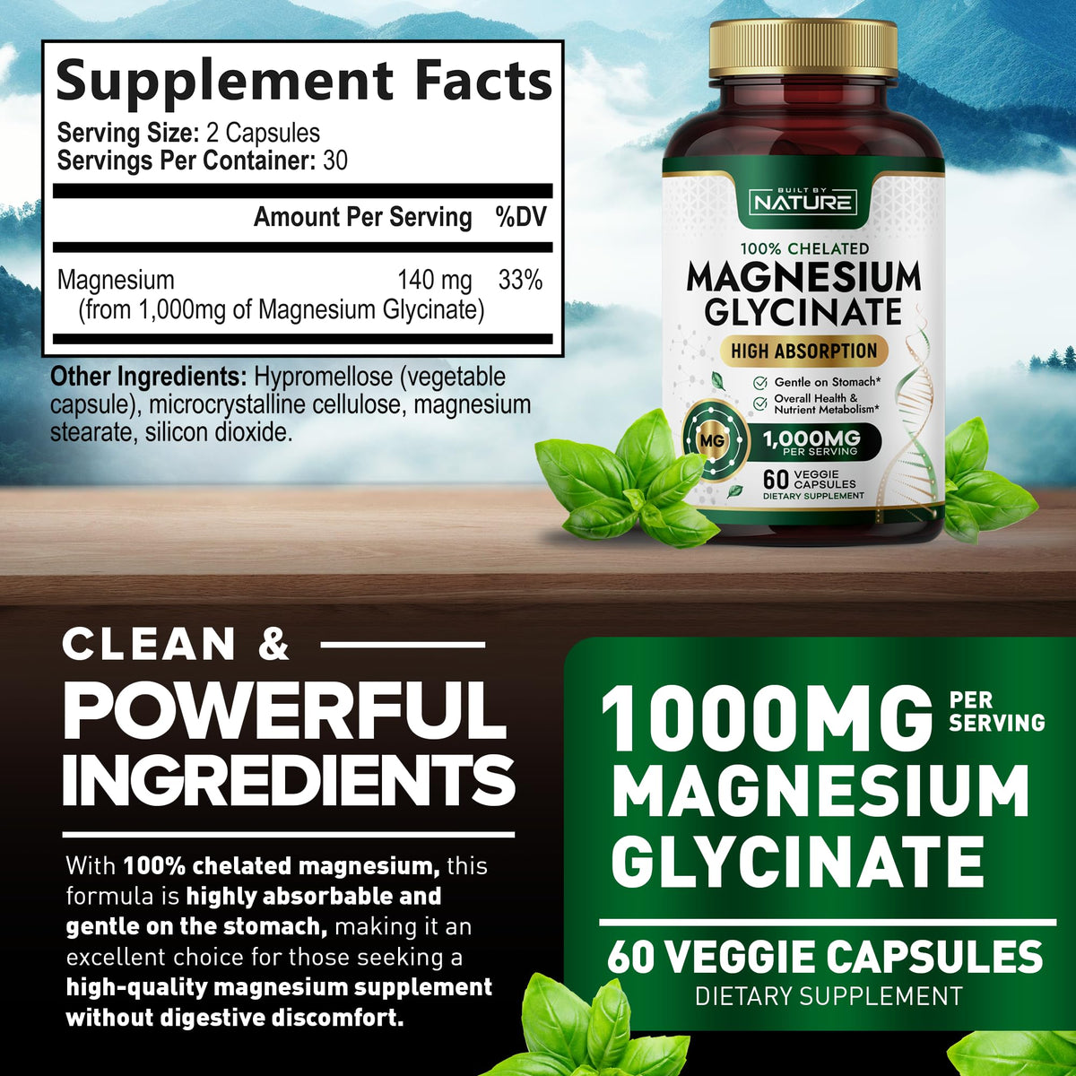 Built By Nature Magnesium Glycinate 1000mg - عالي الامتصاص، مخلّب 100%، لطيف على المعدة | 60 كبسولة