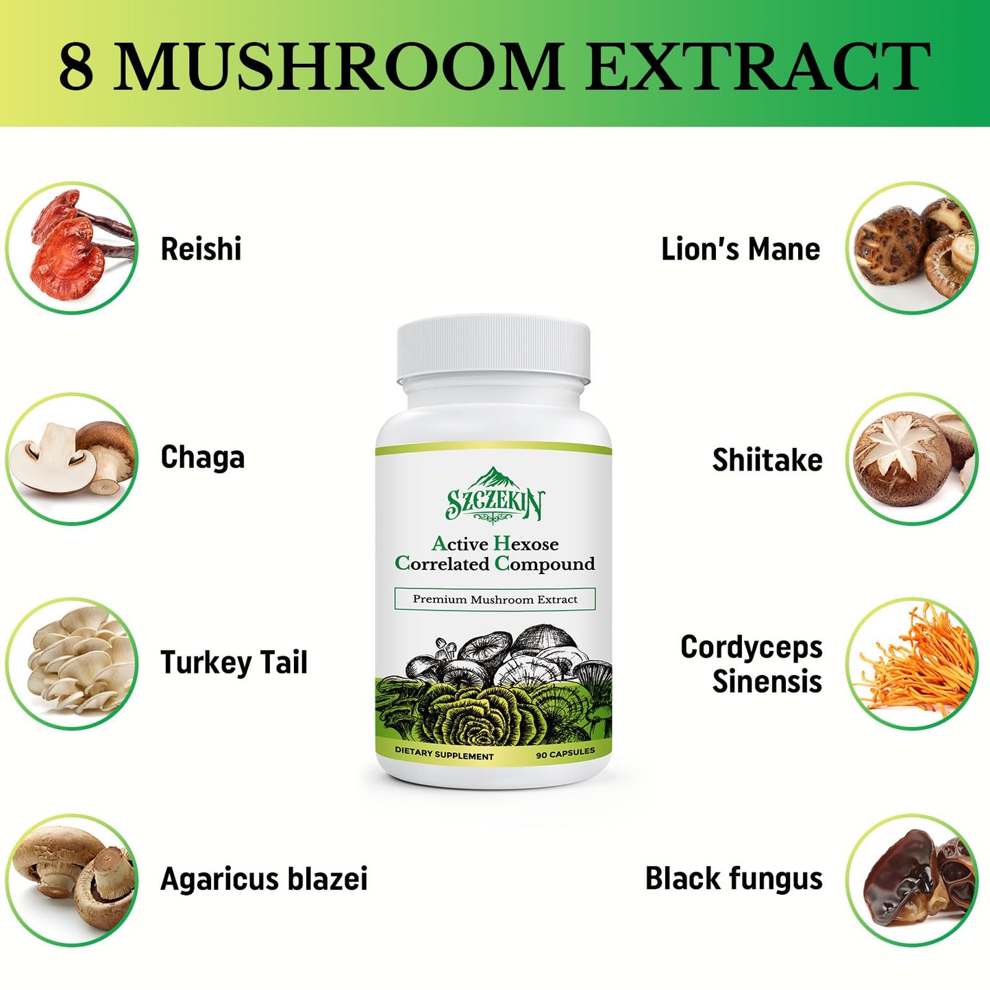 SZCZEKIN AHCC 1500 mg — 8 Mushroom Extract Immune Support Supplement | 720 Veggie Capsules