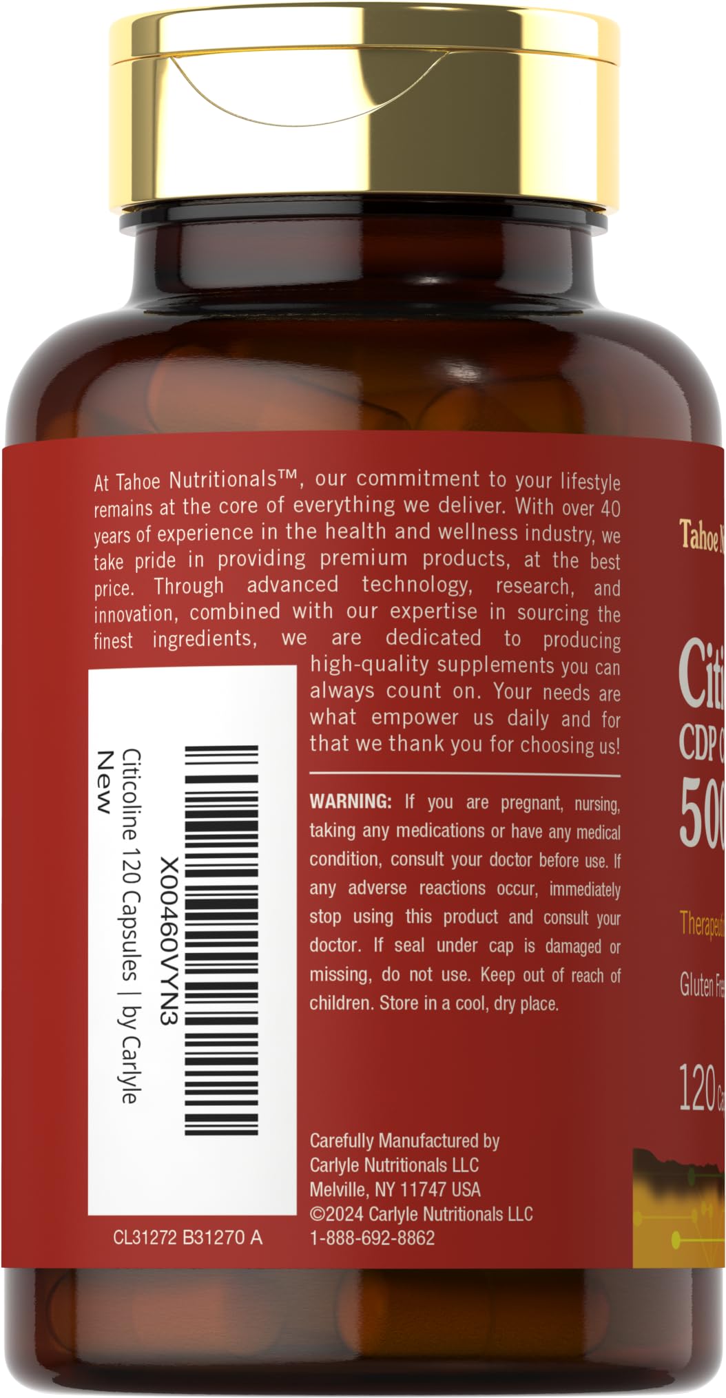 Tahoe Nutritionals Citicoline 500mg | 120 كبسولة | مكملات CDP Choline | درجة علاجية | خالي من الغلوتين، غير معدّل وراثيًا