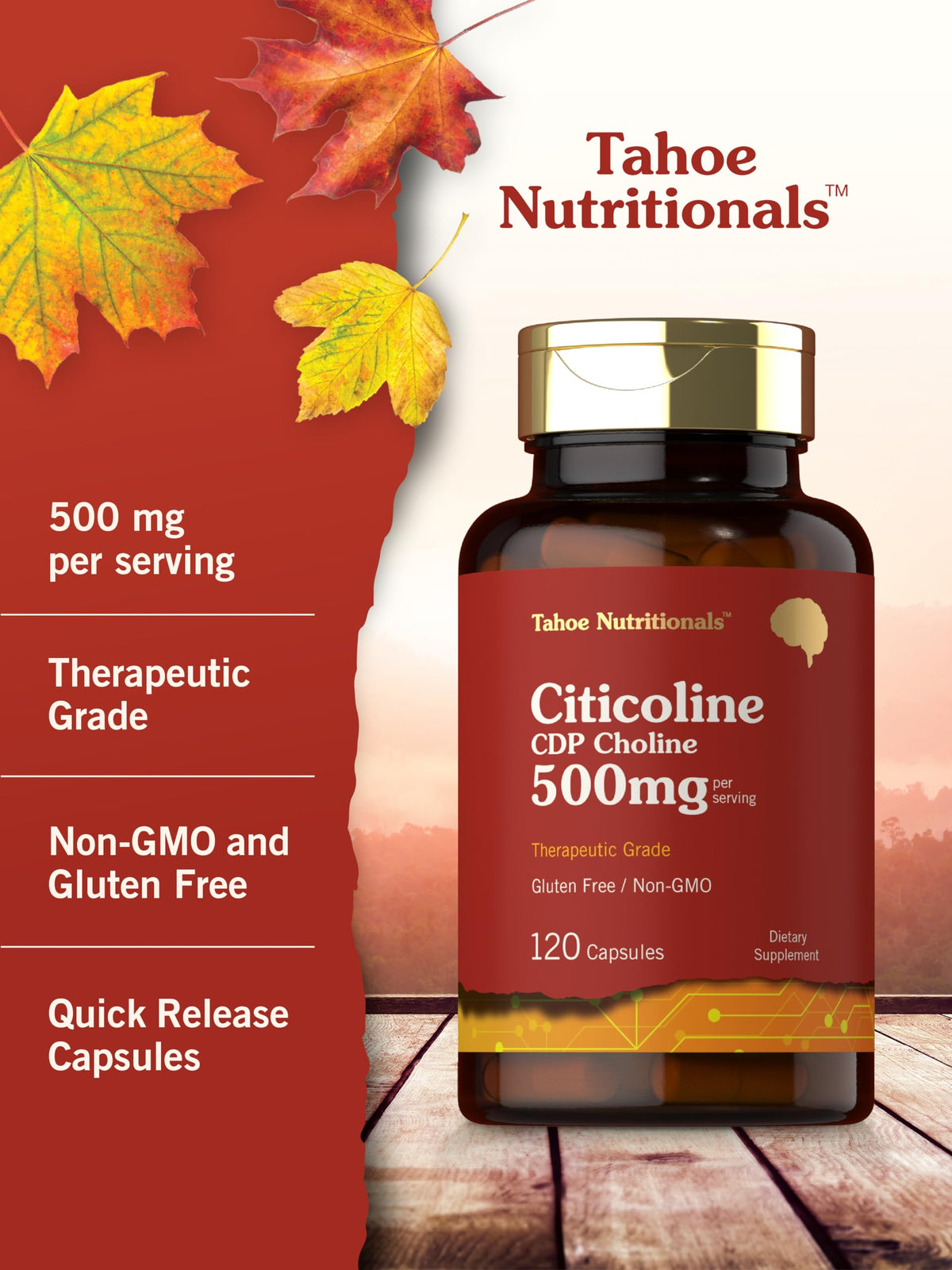 Tahoe Nutritionals Citicoline 500mg | 120 كبسولة | مكملات CDP Choline | درجة علاجية | خالي من الغلوتين، غير معدّل وراثيًا